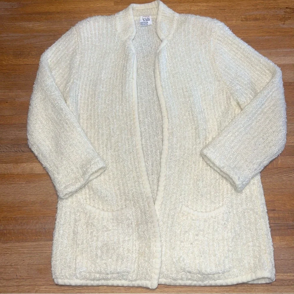 Ratio Women Medium Cream 100% Arcylic‎ Knitted Shoulder Pads Open-Front Cardigan